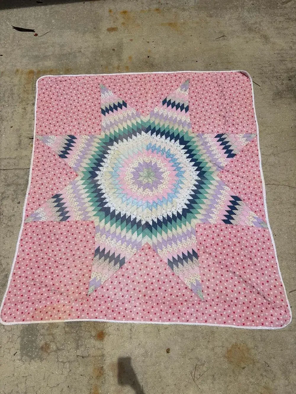 70s Pastel Dandy Lone Star Faded Patchwork Quilt